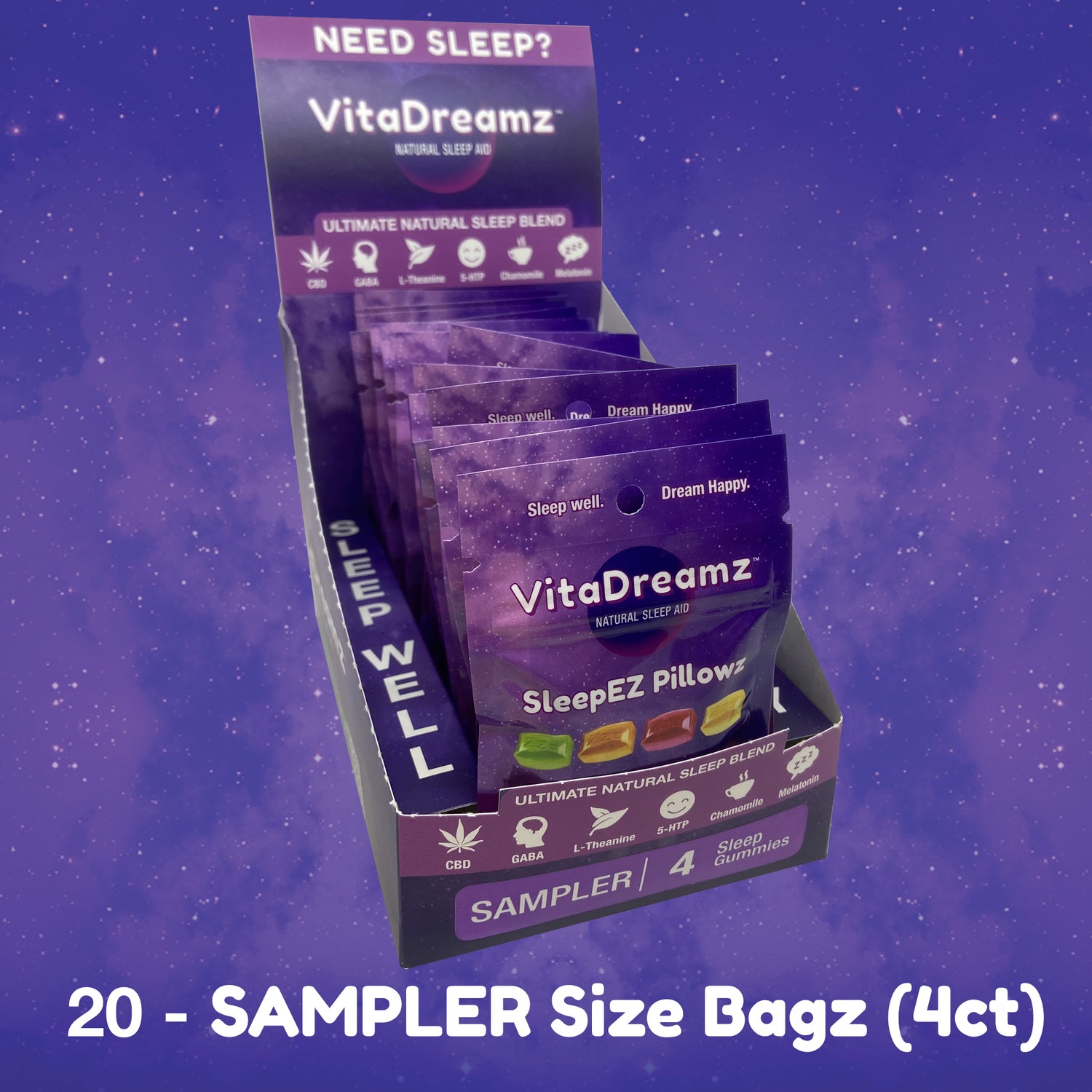 SleepEZ Pillowz SAMPLER Size (4ct) - Box of 20 Bags ($2.50 per Bag) - VitaDreamz