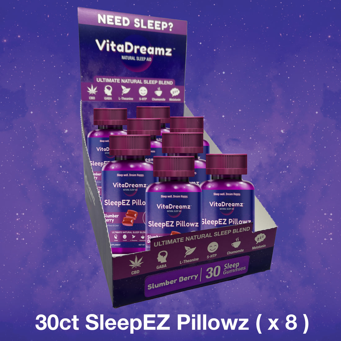 *PRE-ORDER - Ships week of 2/19/24* SleepEZ Pillowz (30ct) - Box of 8 Bottles ($13.50 per Bottle) - VitaDreamz
