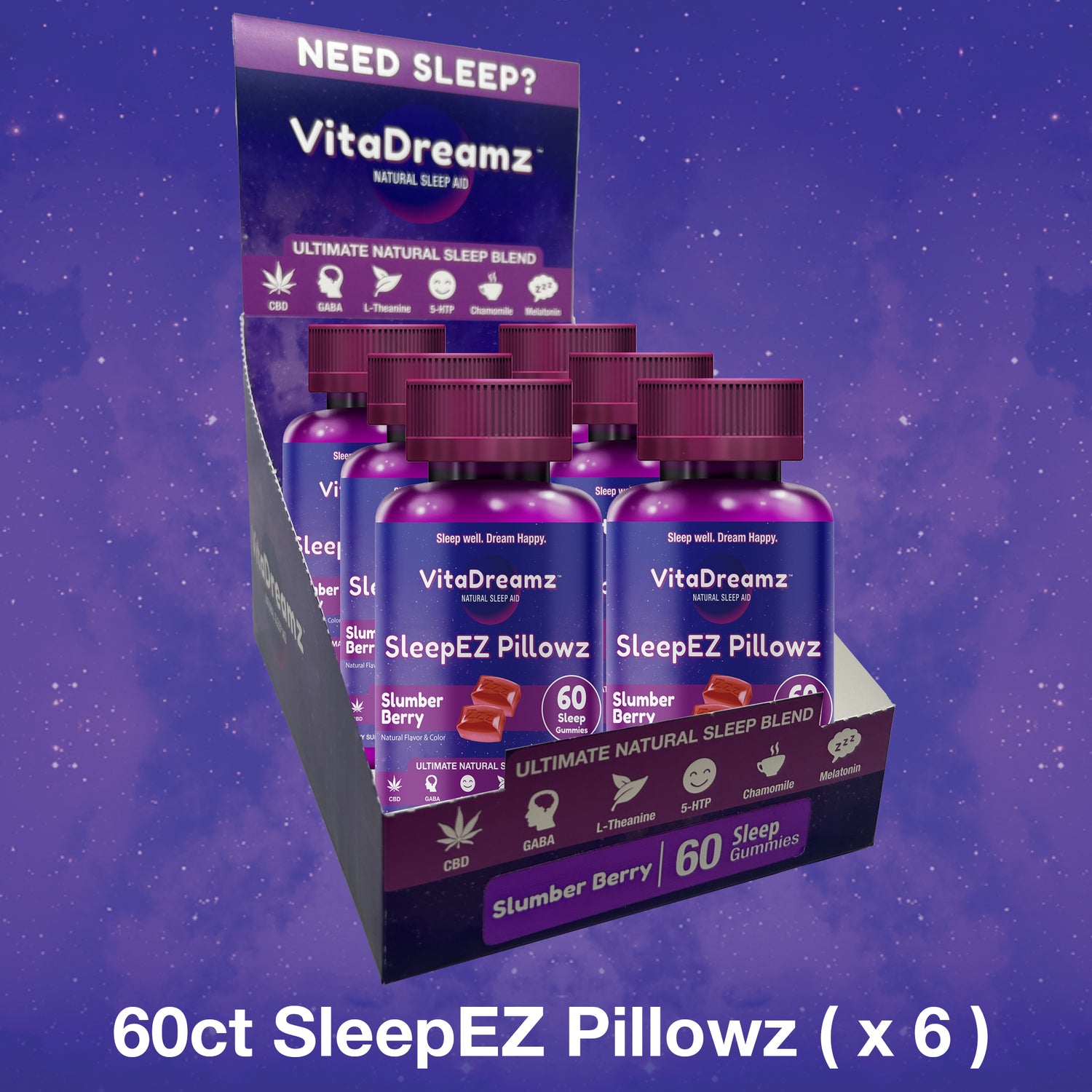 *PRE-ORDER - Ships week of 2/19/24* SleepEZ Pillowz (60ct) - Box of 6 Bottles ($25 per Bottle) - VitaDreamz