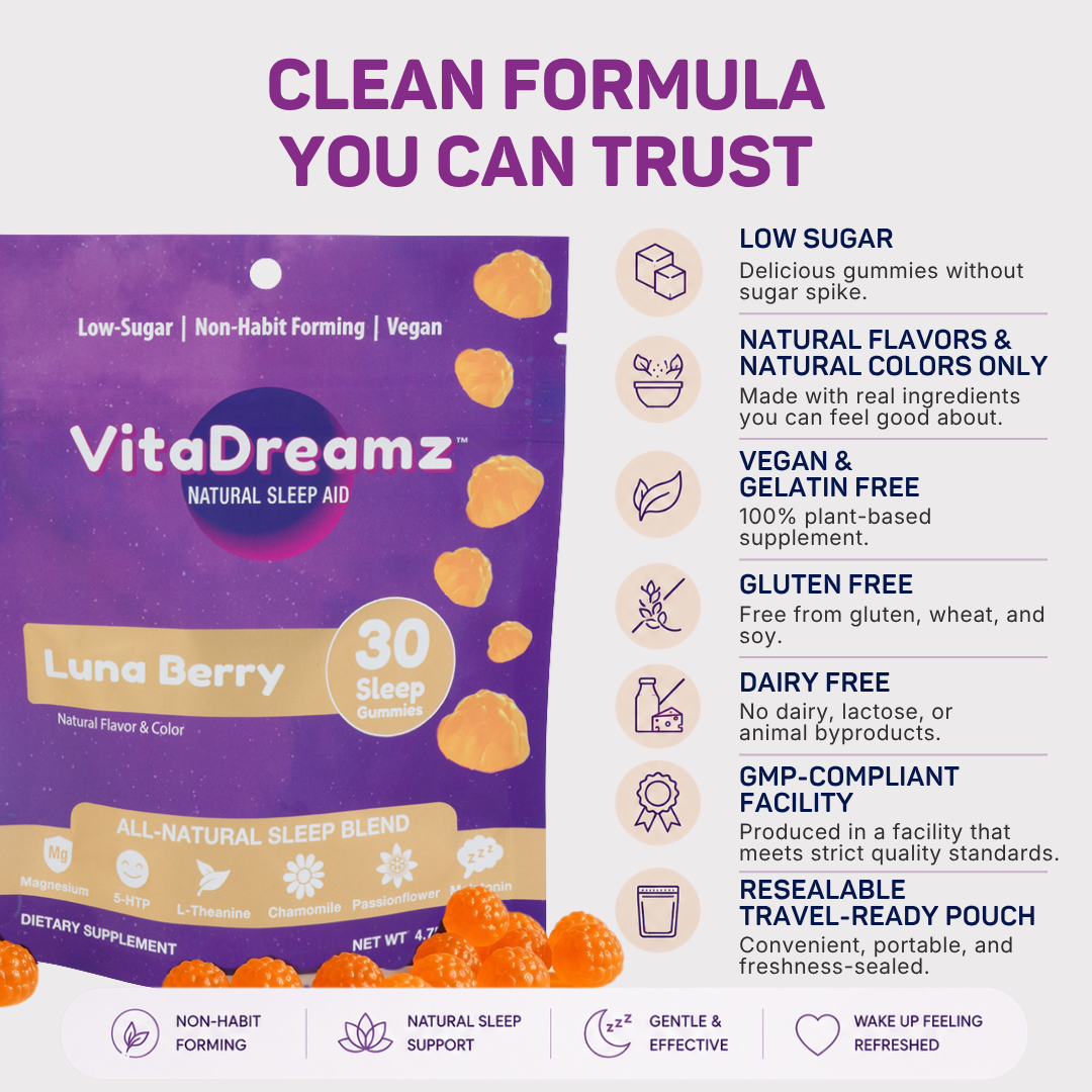 Clean formula you can trust: low sugar, vegan and gelatin free, gluten free, dairy free, GMP-compliant facility, resealable pouch