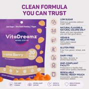 Clean formula you can trust: low sugar, vegan and gelatin free, gluten free, dairy free, GMP-compliant facility, resealable pouch
